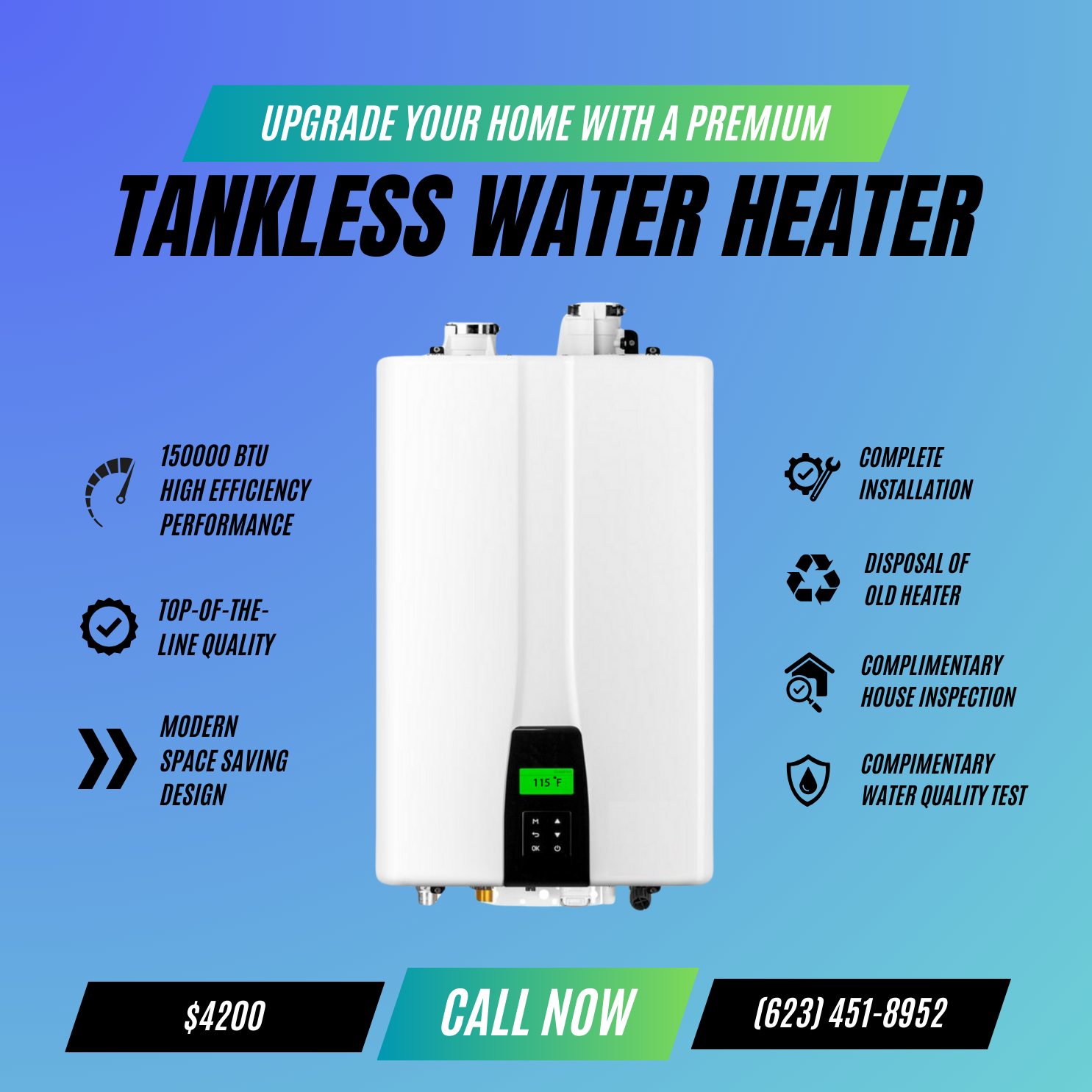 Mountain AZ Plumbing Tankless water heater shown in image infographic. Call 6234518952 for service and installation.